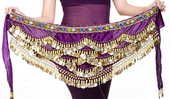 Bauchtanz-Hüfttuch mit Steinen gewellt in Lila, mit Goldmünzen